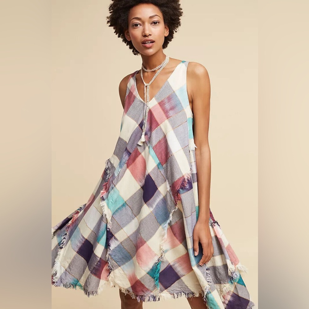 Anthropologie MAEVE Metallic cotton A-line swing Plaid Dress M - Picture 2 of 12